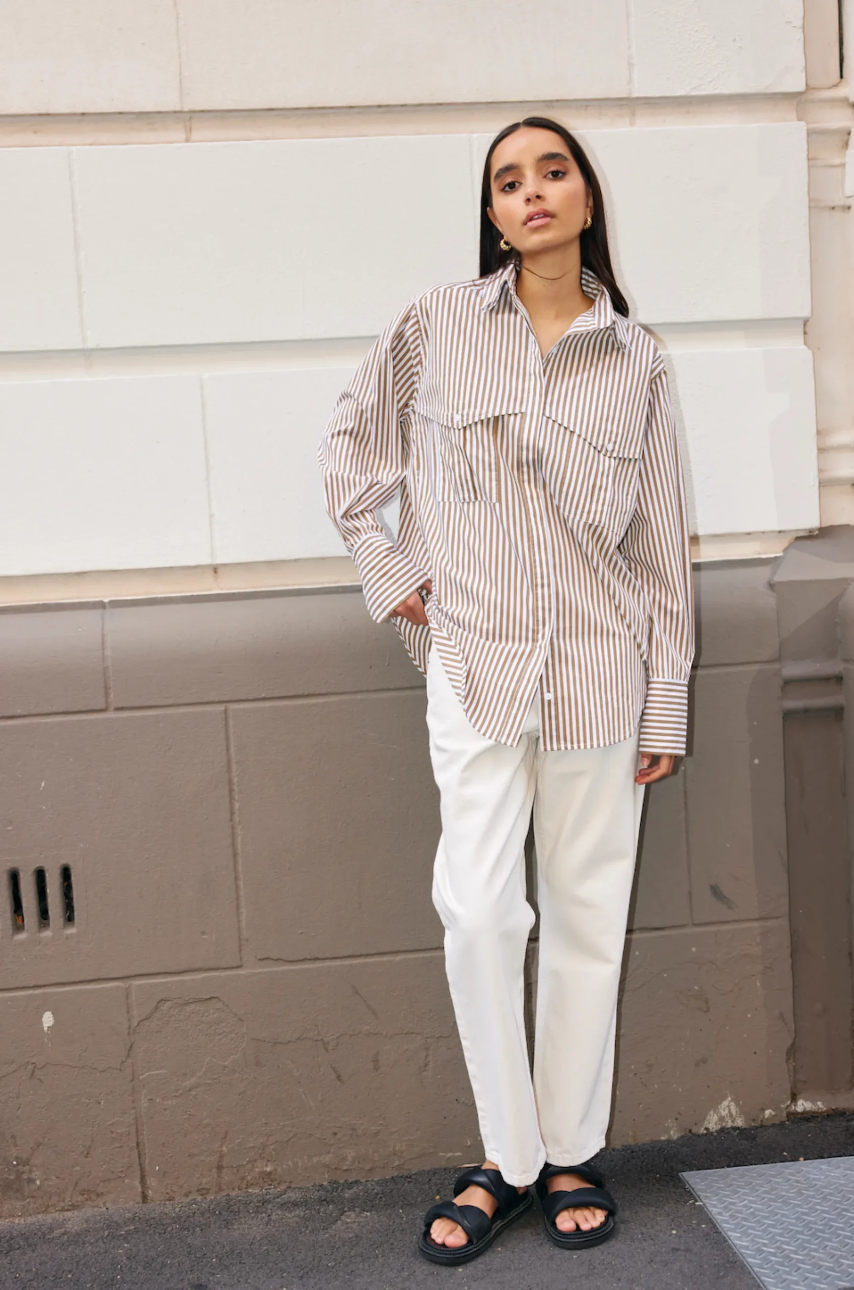 KINNEY Riley Shirt STONE/IVORY STRIPE